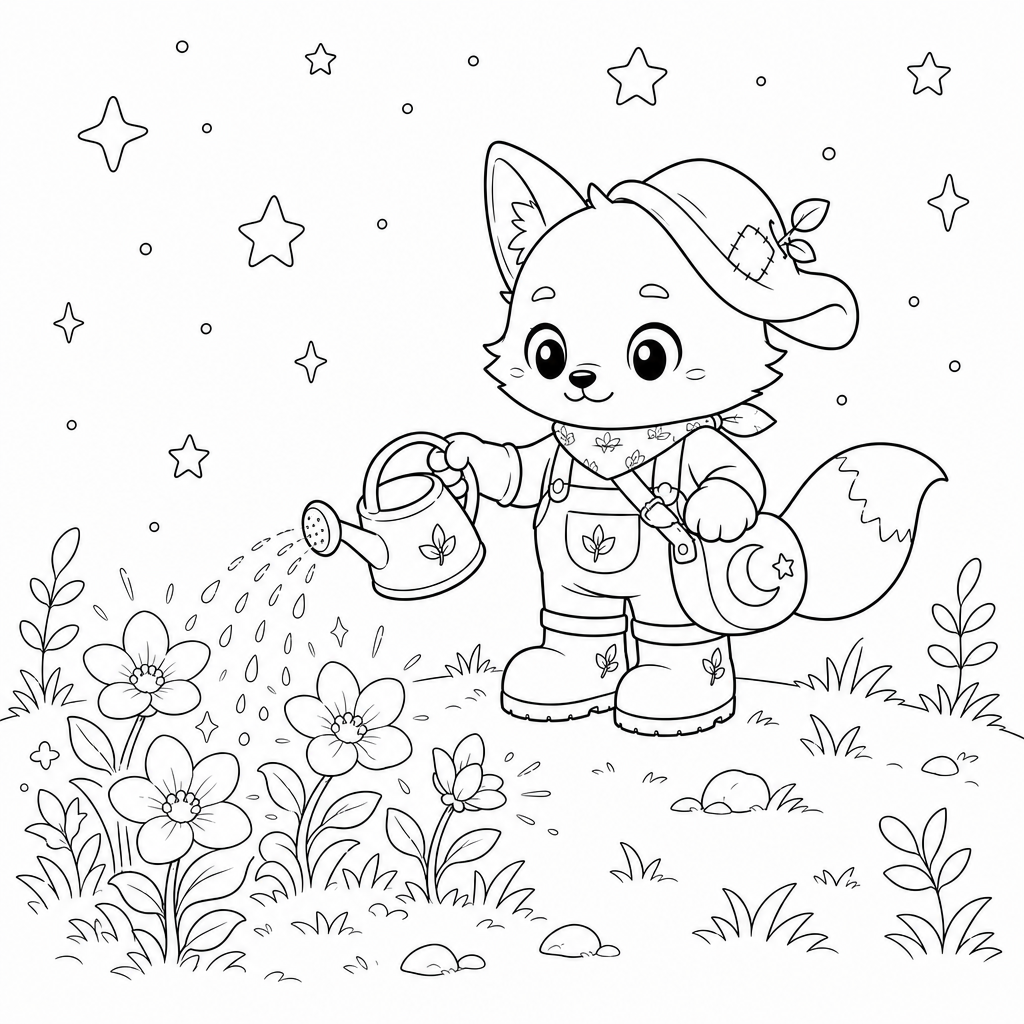 @milo watering glowing flowers under a starry sky.
