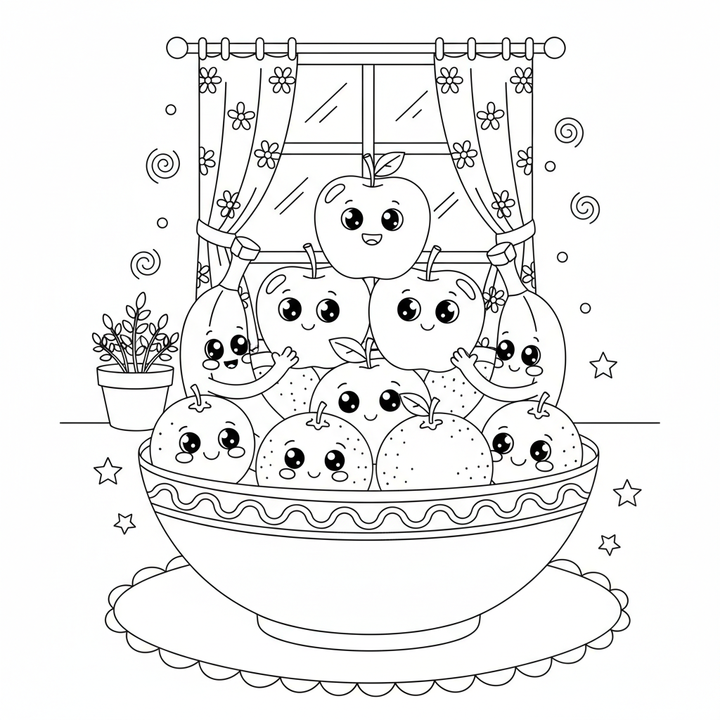 A playful fruit bowl filled with bananas, apples, and oranges, all wearing cute little faces.