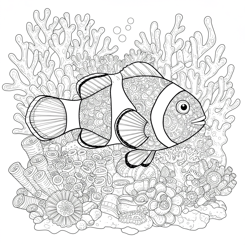 A playful clownfish swimming among colorful coral reefs.