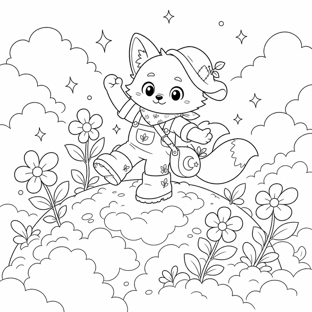 @milo dancing joyfully on a planet covered in fluffy clouds, with sparkling flowers swaying around him.