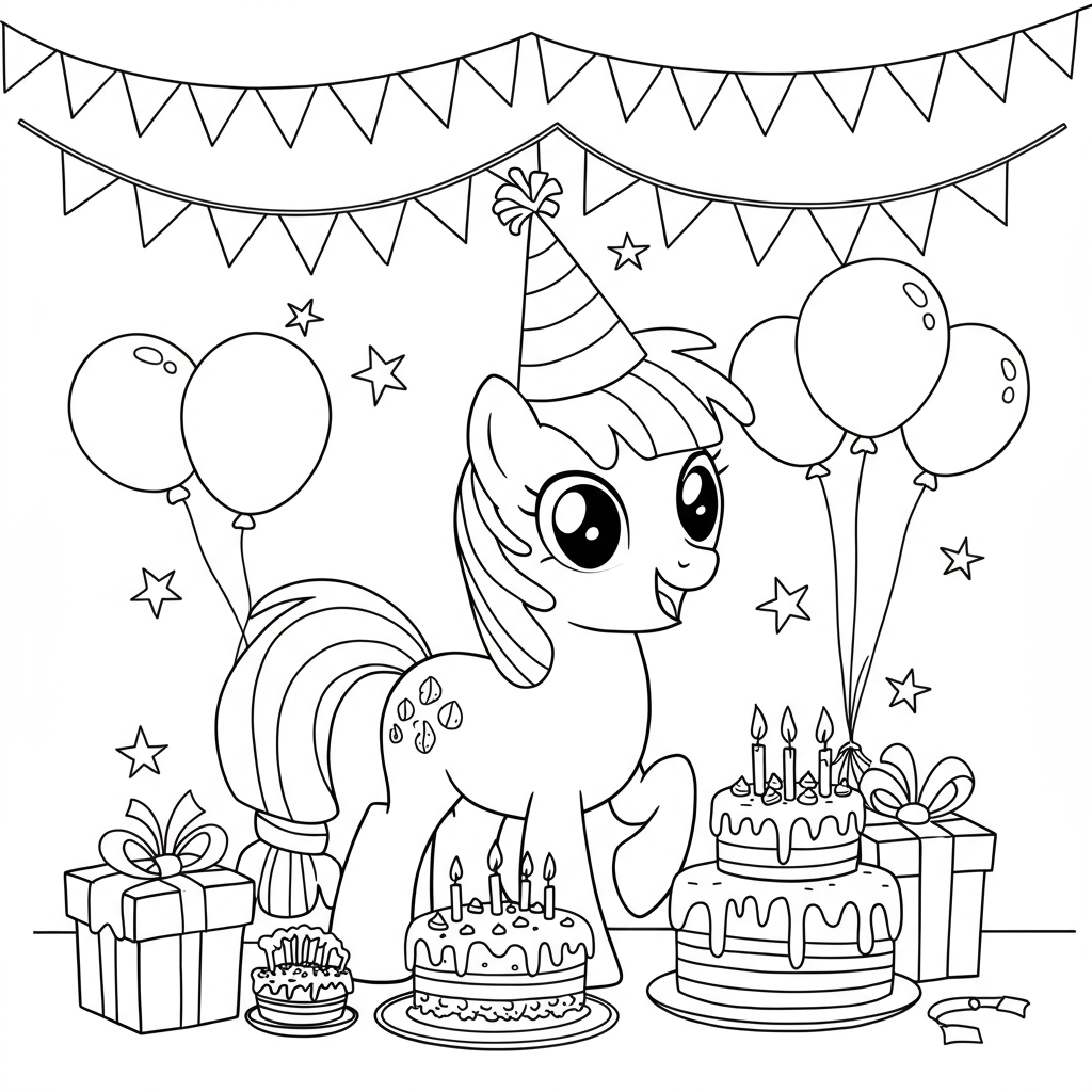 A cute pony wearing a party hat at a birthday celebration with balloons and cake.