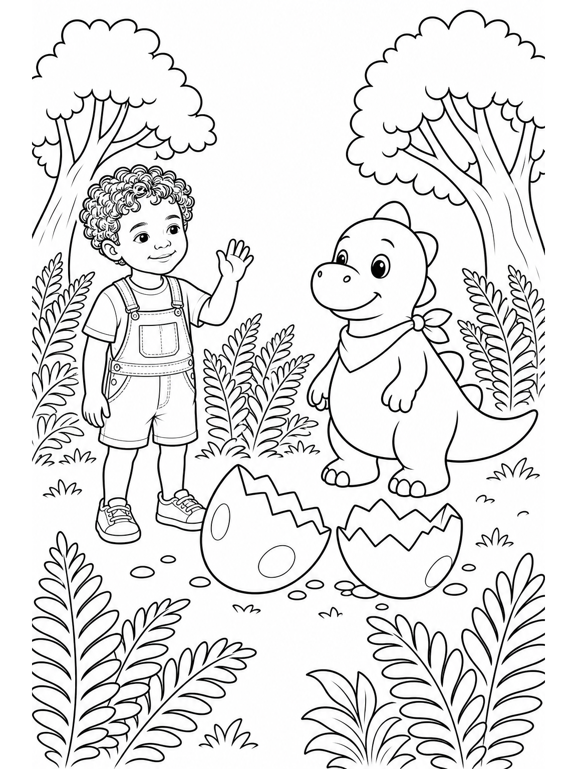 @avery meeting @sprout for the first time beside a large newly opened dinosaur egg in a sunny fern clearing. Avery stands on the left smiling with one hand raised in a friendly hello, and Sprout stands on the right smiling back, next to two empty eggshell halves on the ground. Full-body view of both characters, exactly one child and one dinosaur. A few large simple fern leaves and two rounded trees frame this joyful first meeting.