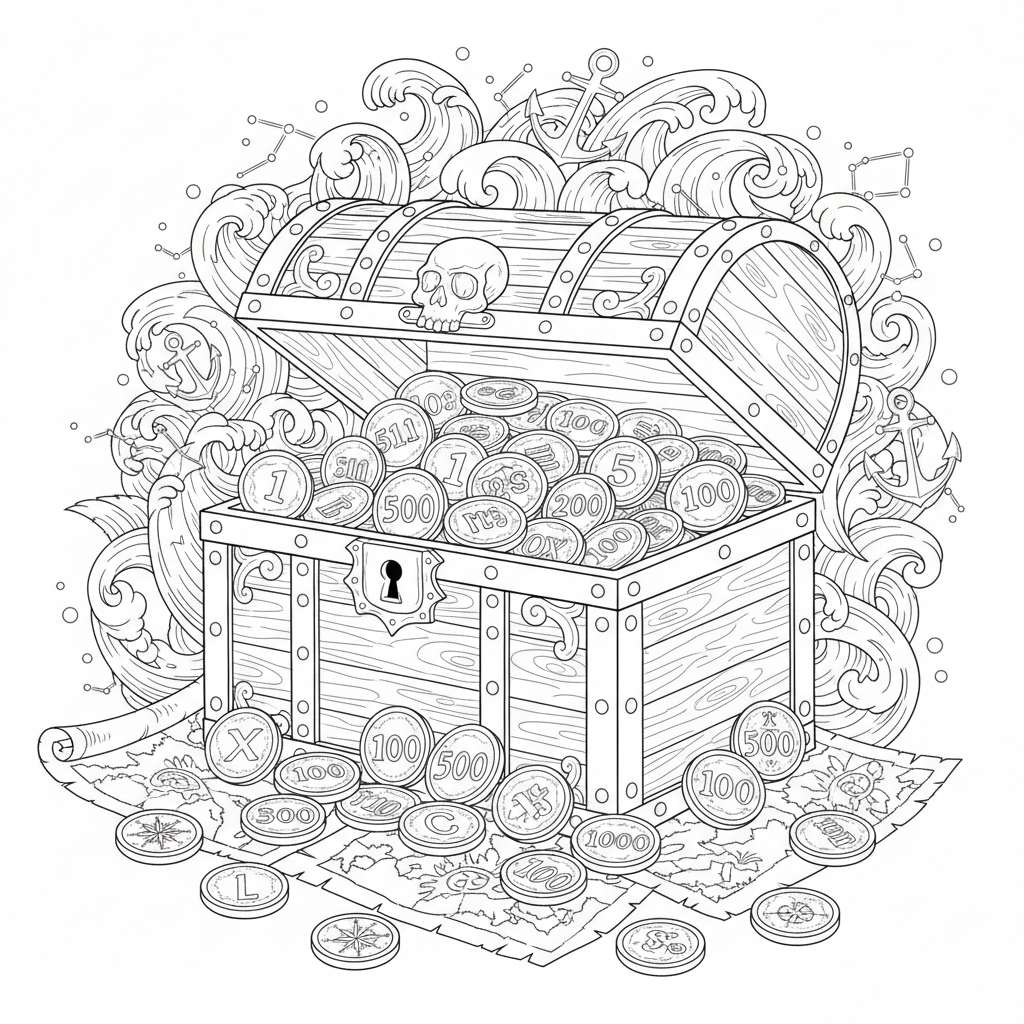 A treasure chest filled with shiny coins, each marked with a different number.