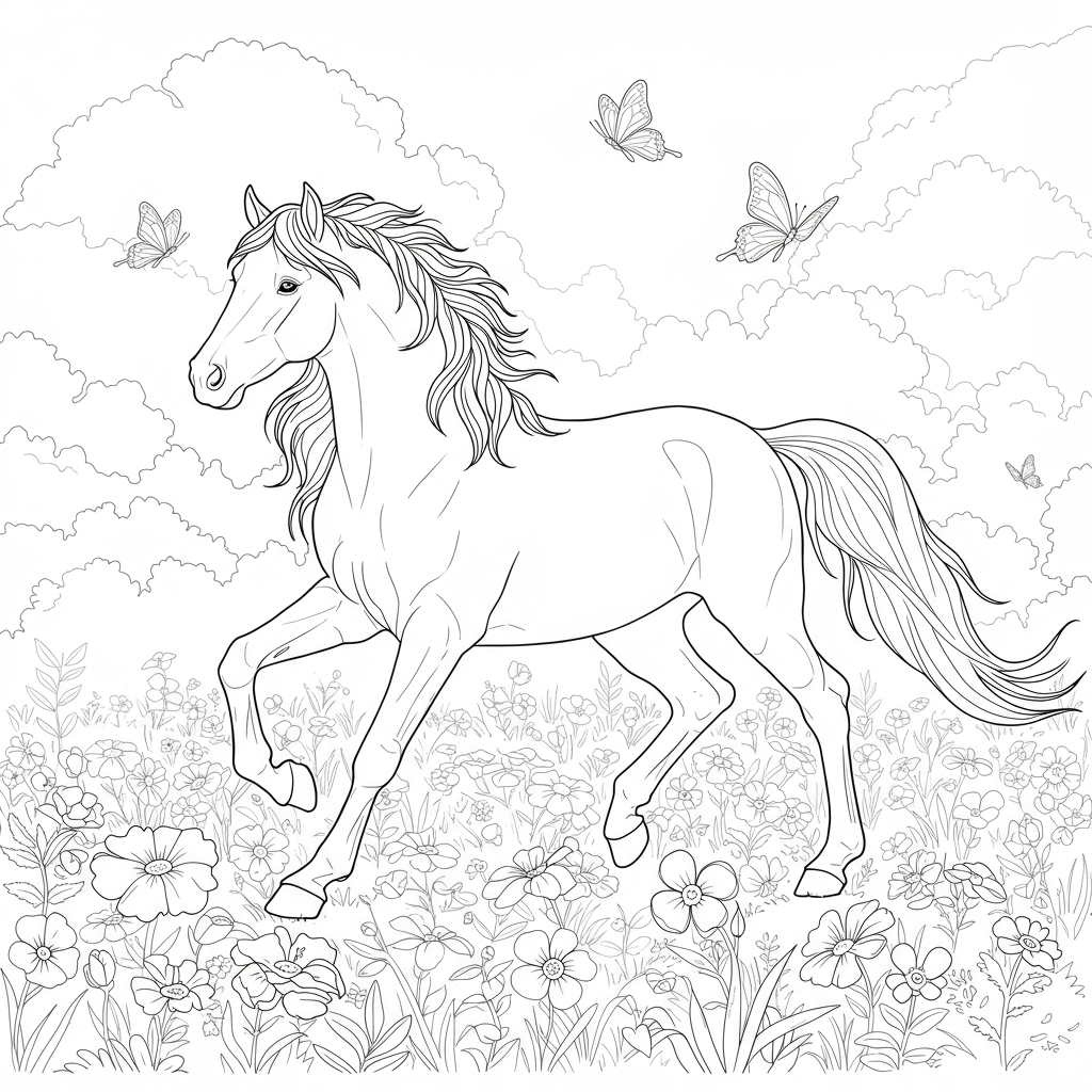 A majestic horse galloping through a field of flowers with butterflies fluttering around.