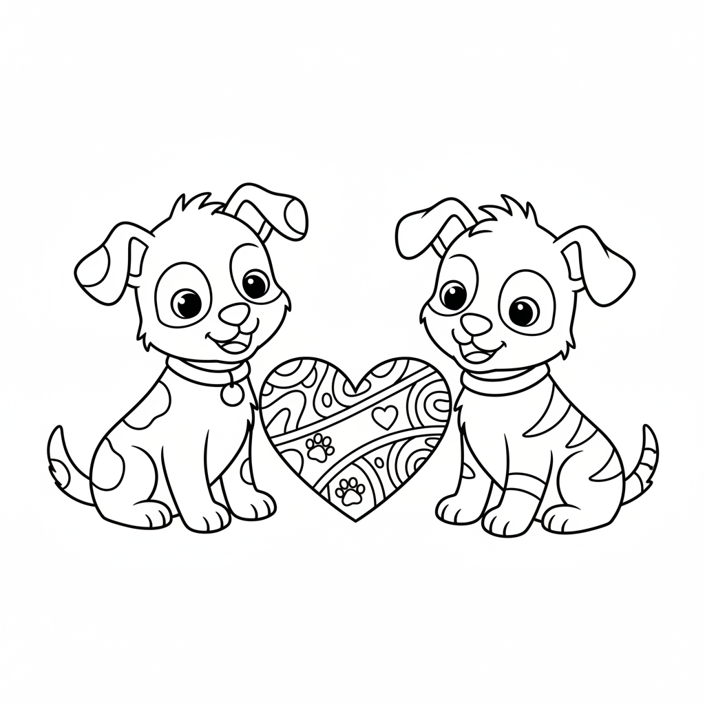 Two puppies with a heart-shaped bone between them