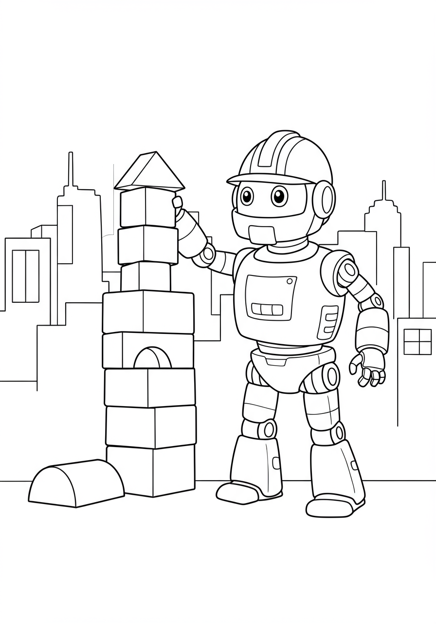 A clever builder robot stacking colorful blocks to create a magnificent tower in a bustling robot city.