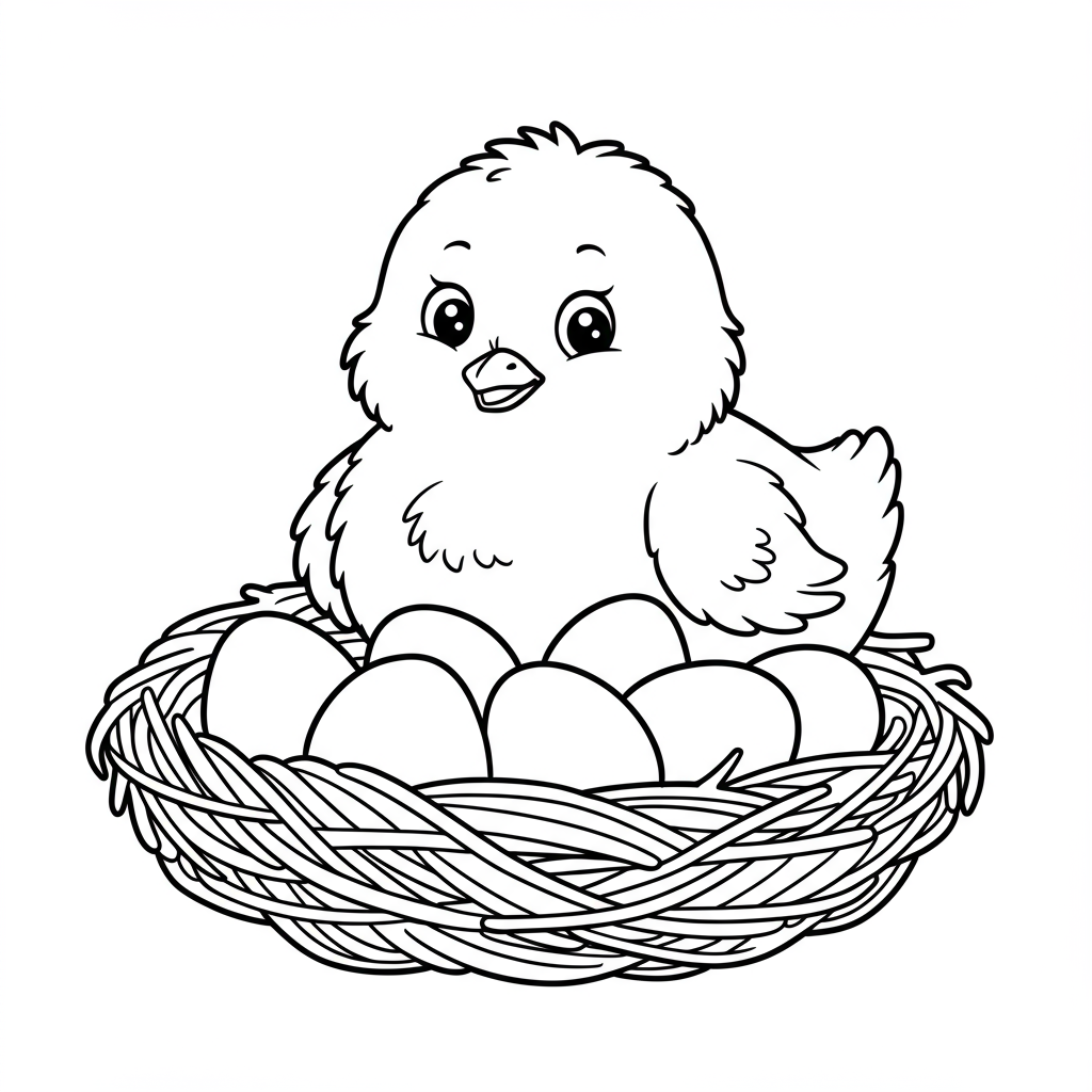 A fluffy baby chick peeking out from a cozy nest filled with eggs.
