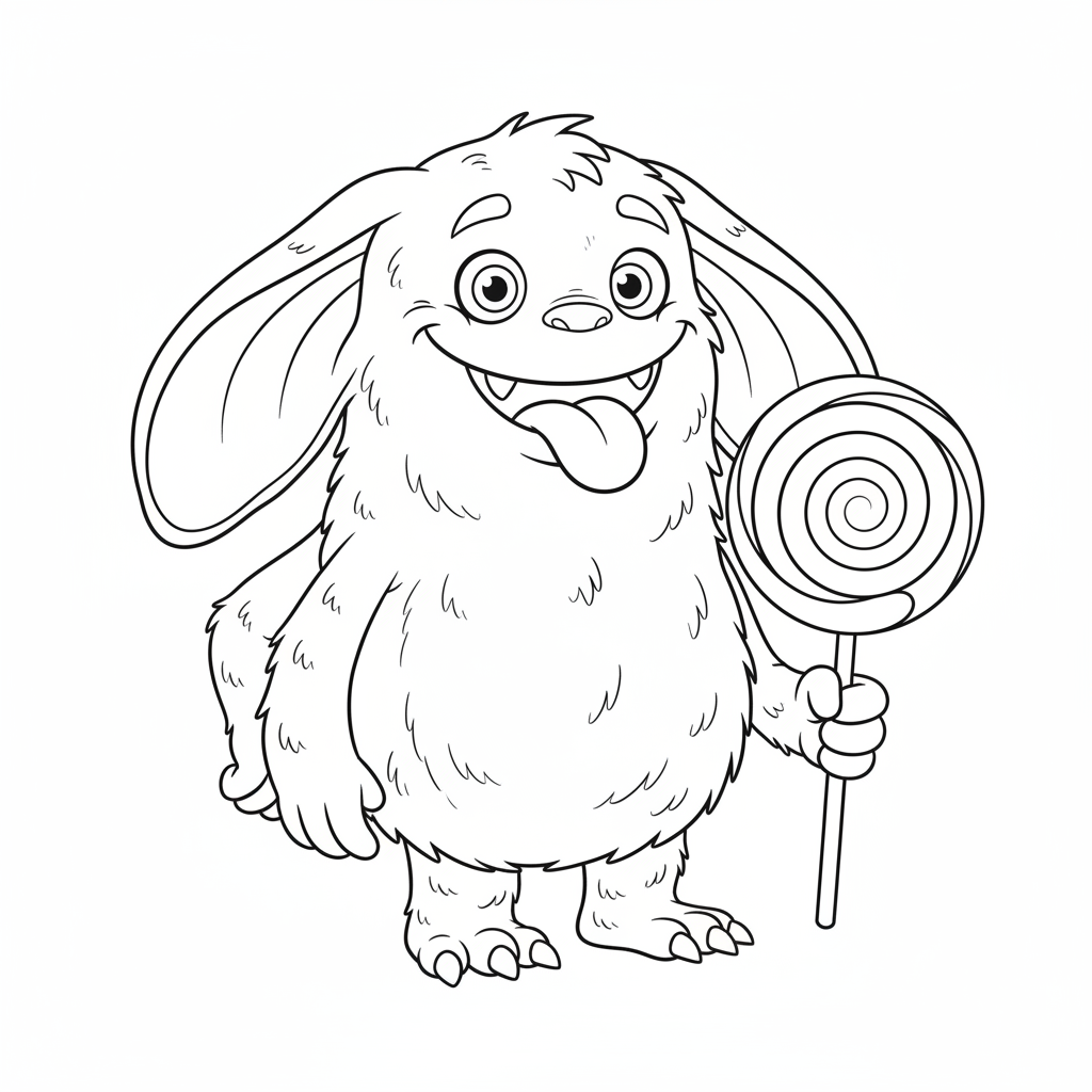 A goofy monster with big floppy ears and a giant smile holding a lollipop.