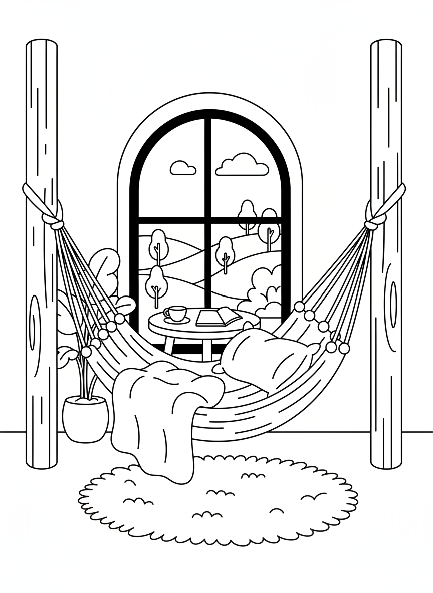 A hammock strung between two indoor posts with blankets and a pillow