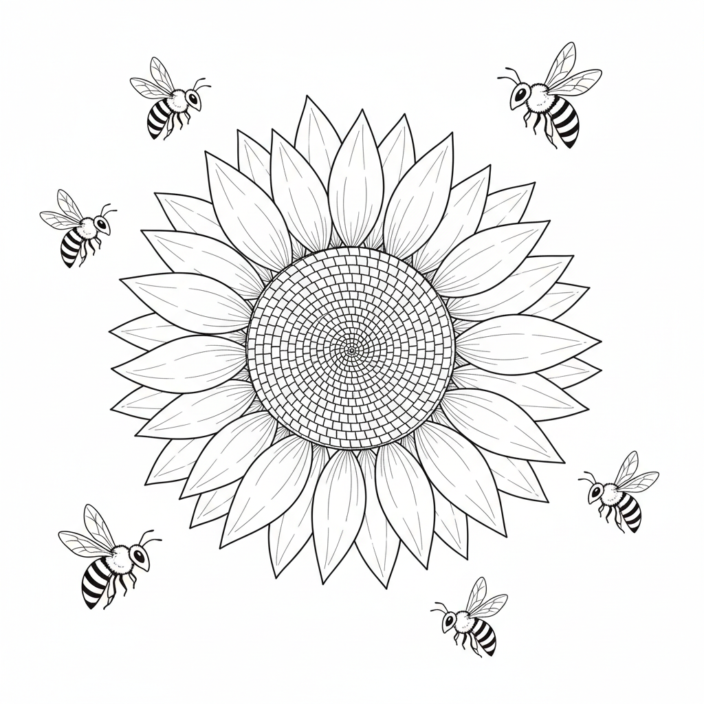 A large sunflower with detailed petals and a textured center, surrounded by small bees