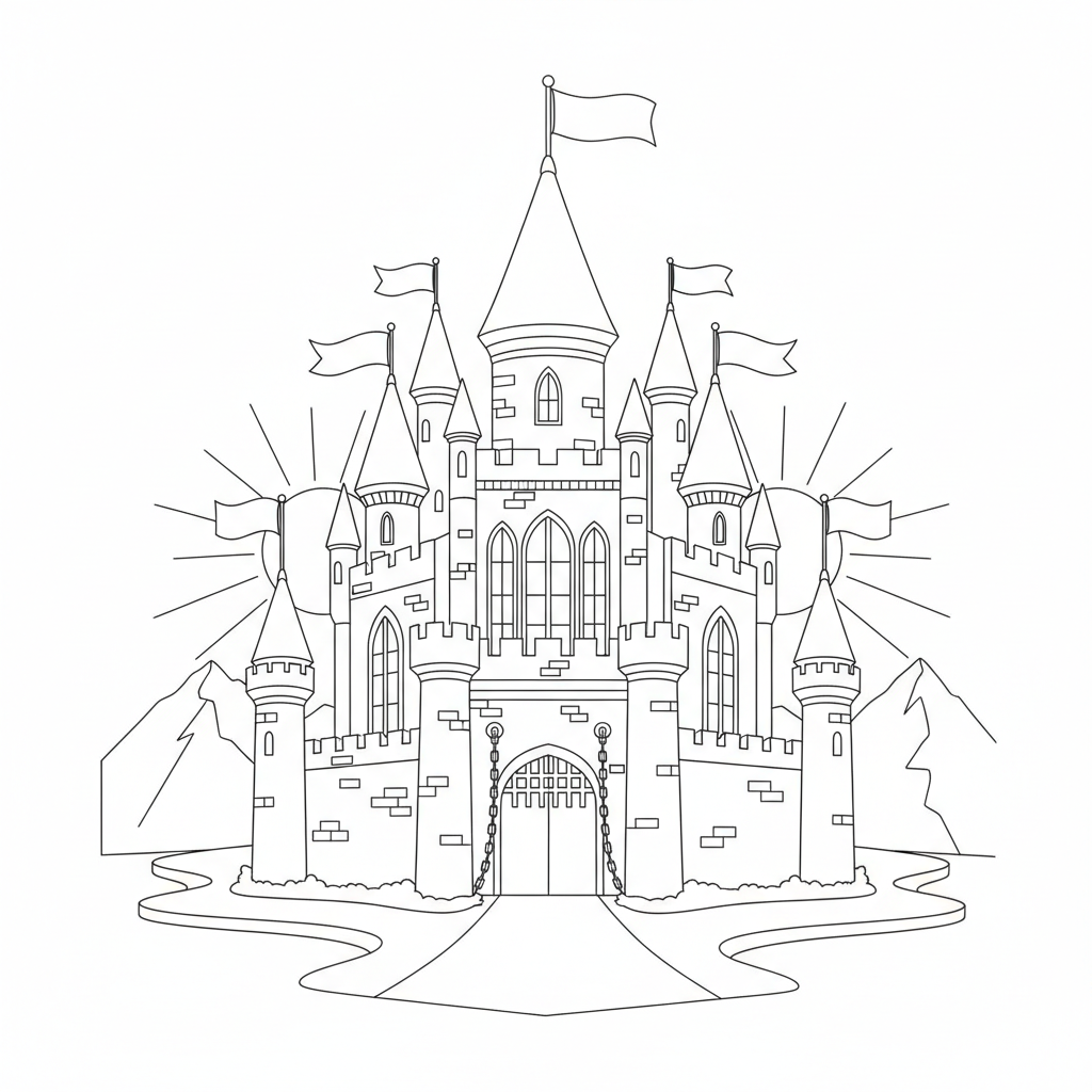 A grand castle with turrets and banners fluttering in the breeze.