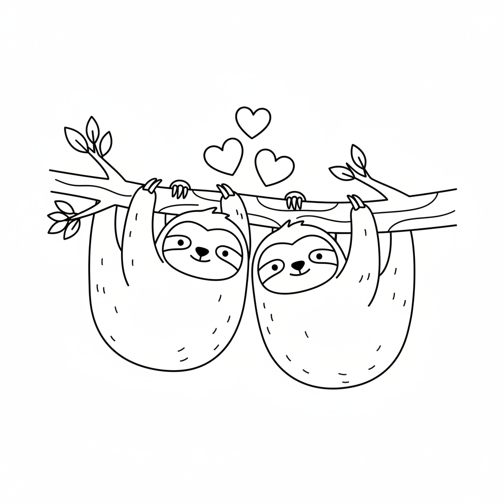 Sloth couple hanging side by side with hearts