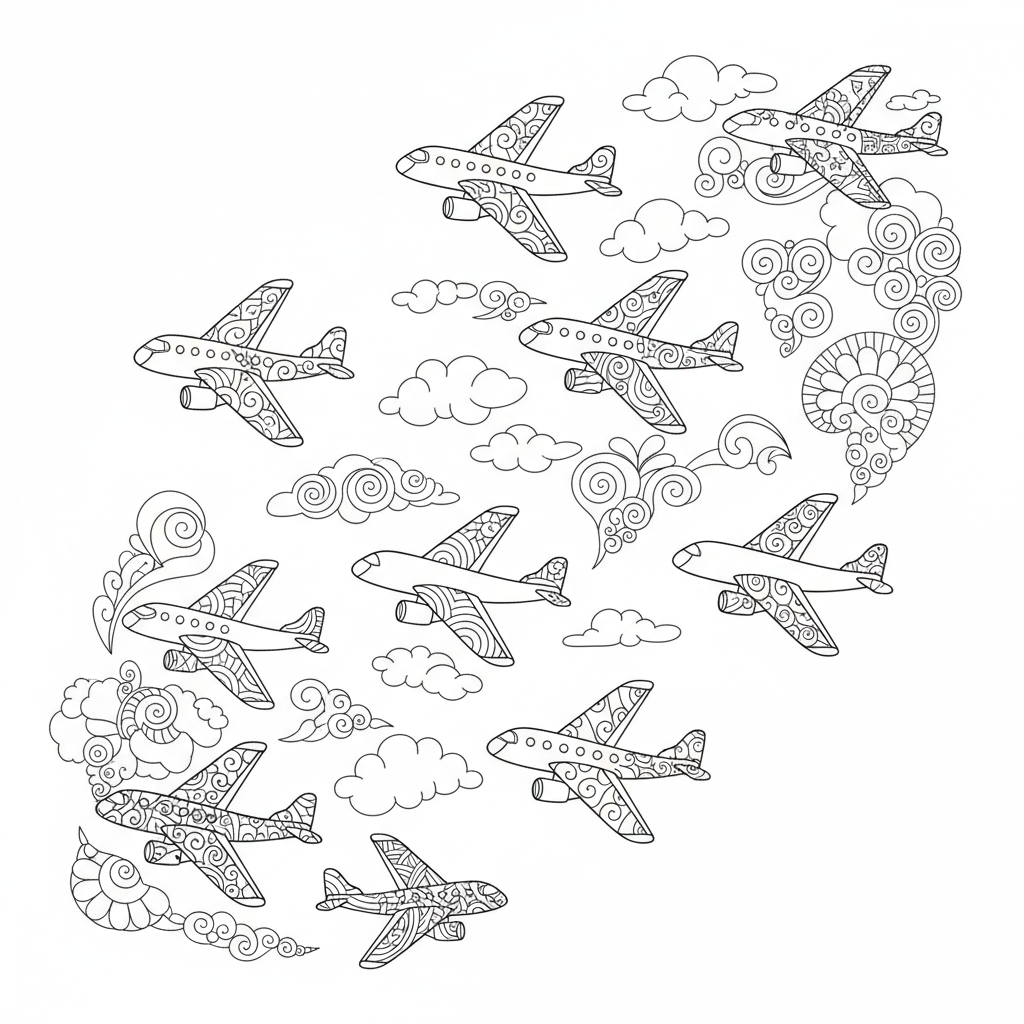 A group of colorful airplanes flying in formation, creating fun shapes in the sky.