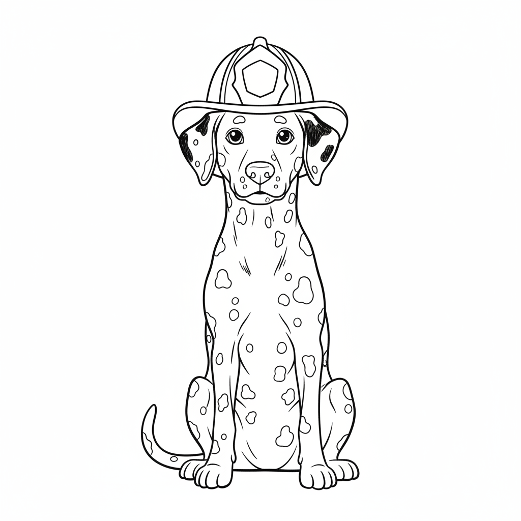 A cute Dalmatian dog wearing a firefighter helmet sitting proudly.