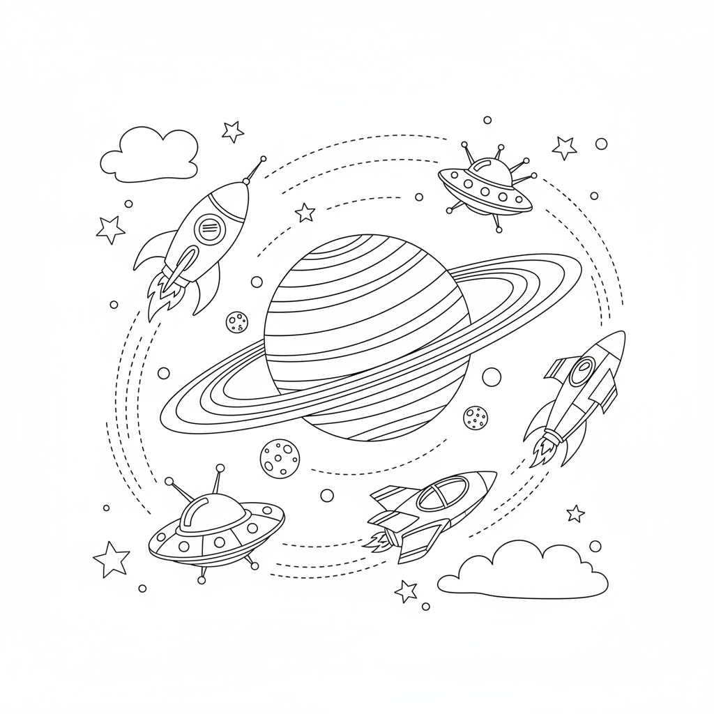 A group of tiny, colorful spaceships racing around a distant planet.