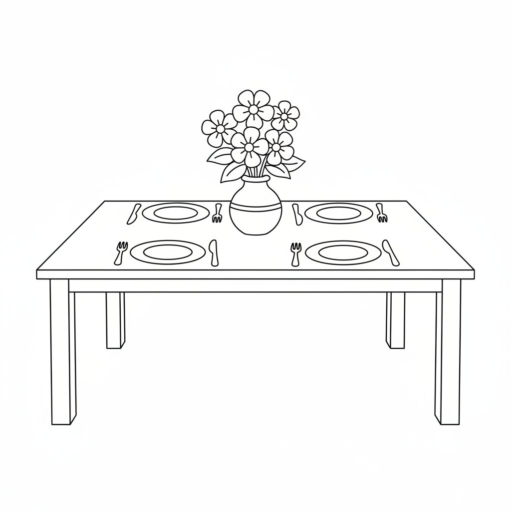 A wooden dining table set with plates, forks, and a vase of flowers in the center.