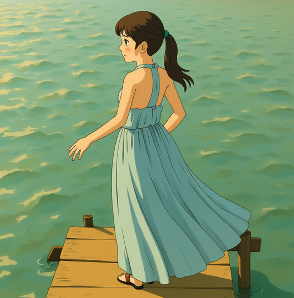 young girl in a flowing dress standing on a dock