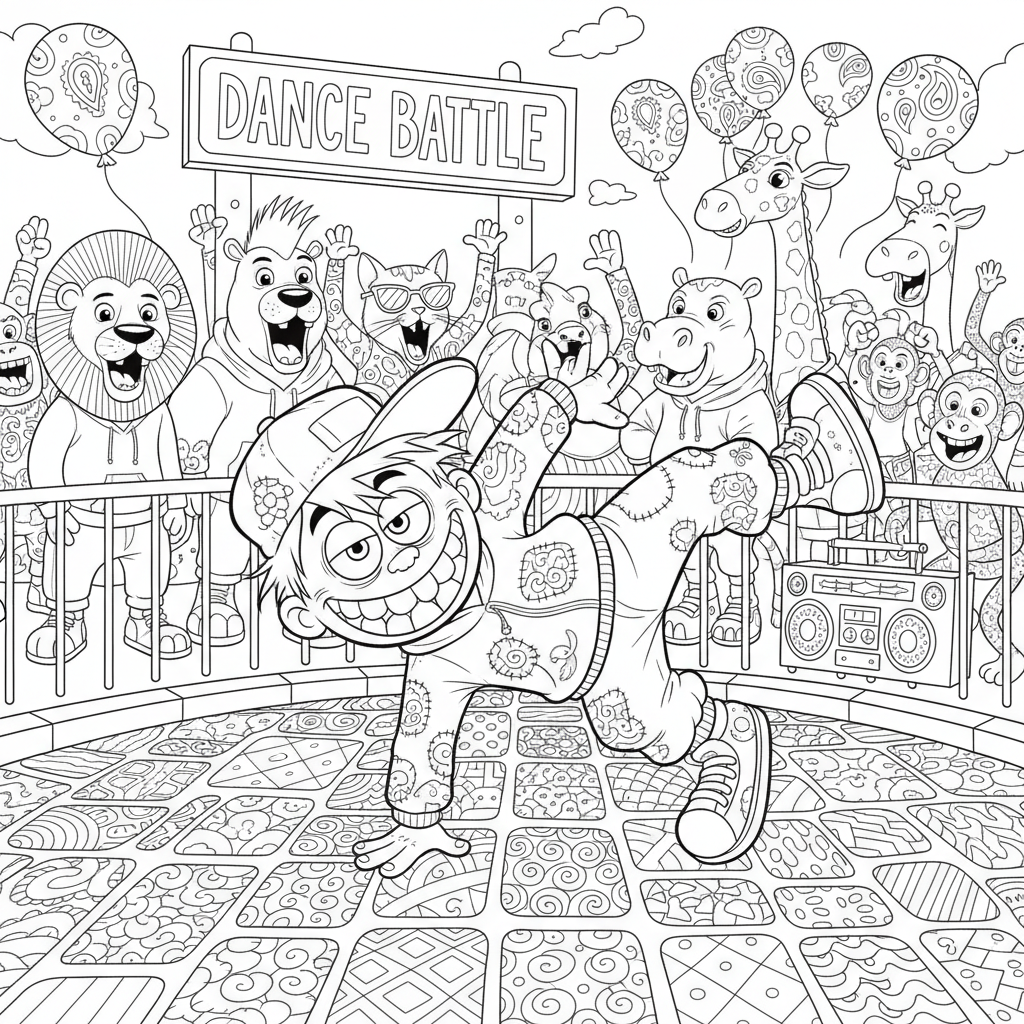 A silly cartoon character breakdancing on a colorful street with cheering animals watching.