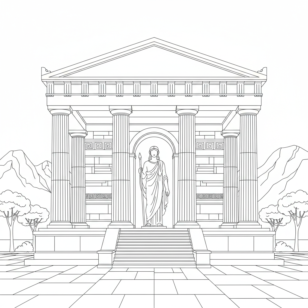 An ancient temple with large columns and a statue in the entrance.