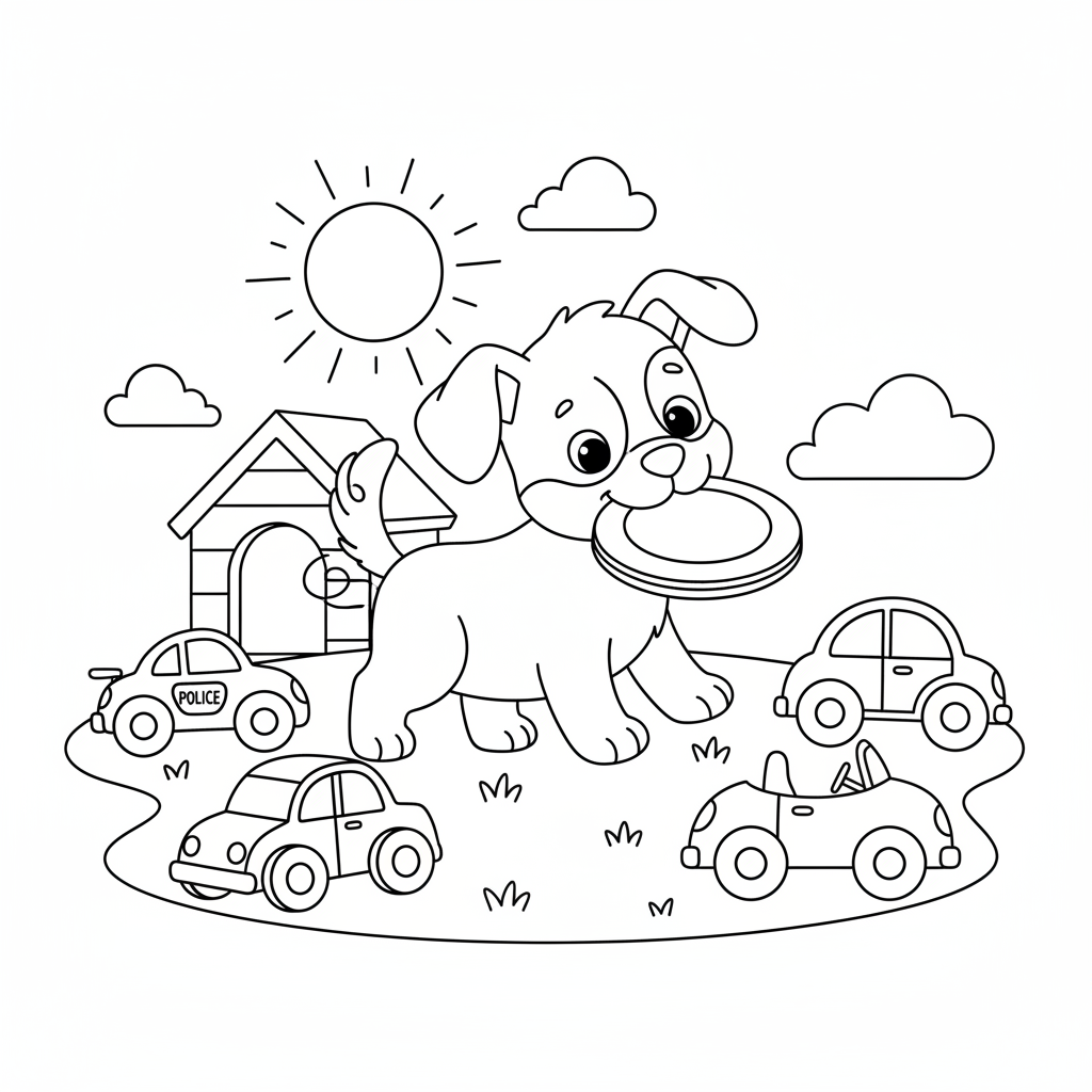 A playful puppy with a frisbee in its mouth surrounded by a variety of colorful toy cars.