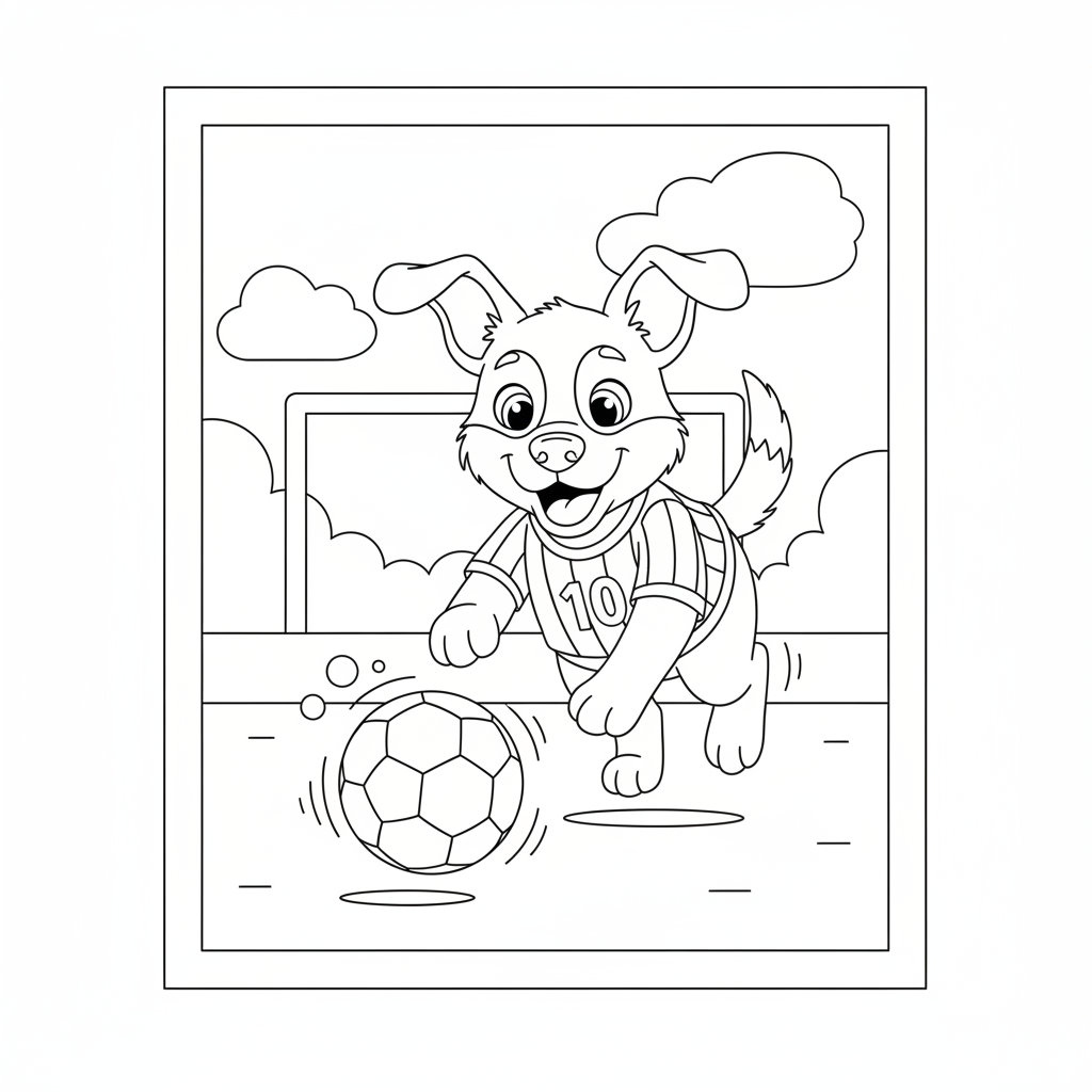 A friendly dog wearing a soccer jersey, chasing after a bouncing soccer ball.