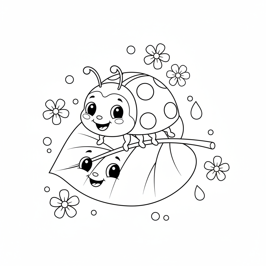 A cheerful ladybug sitting on a bright green leaf with tiny flowers around.