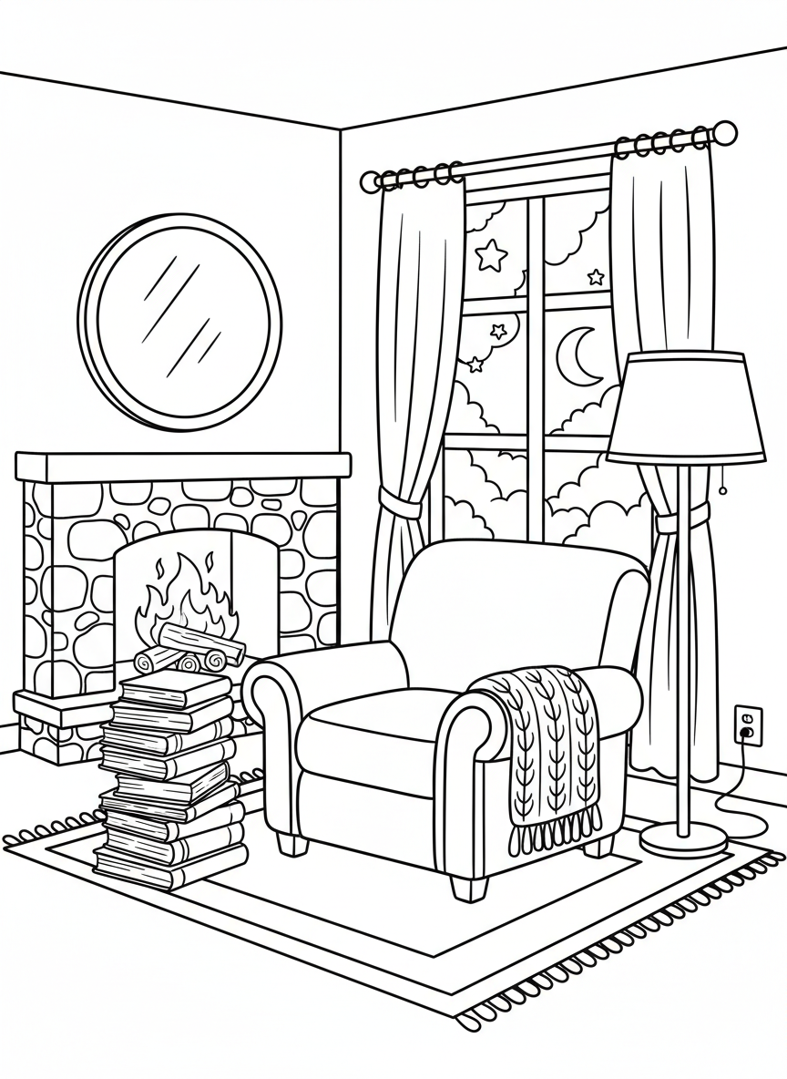 A cozy reading nook with a plush armchair, a stack of books, and a gentle fire crackling in the fireplace.