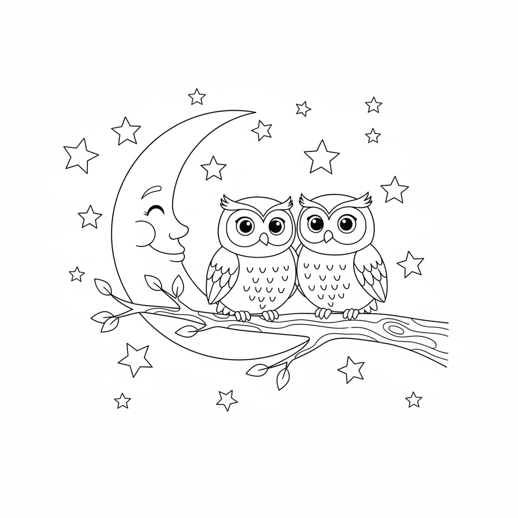 Two owls on a moonlit tree branch with stars