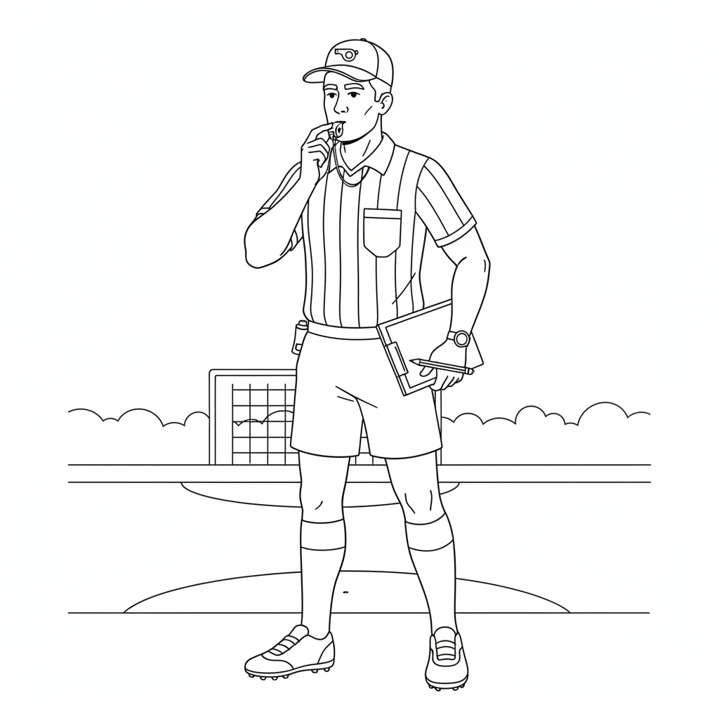 A referee blowing a whistle while holding a clipboard and wearing a striped shirt.