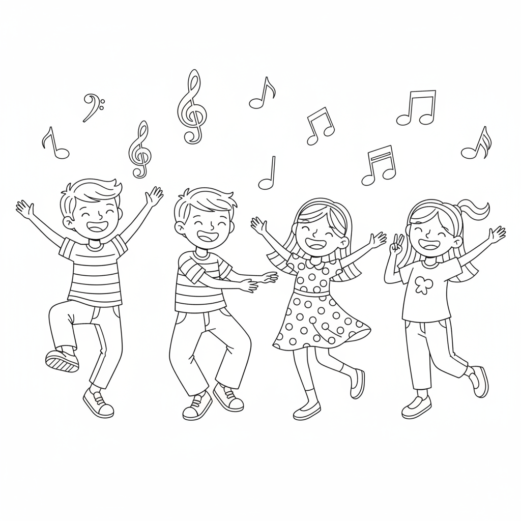 A group of friends dancing together at a party, each in a fun pose with music notes floating above.