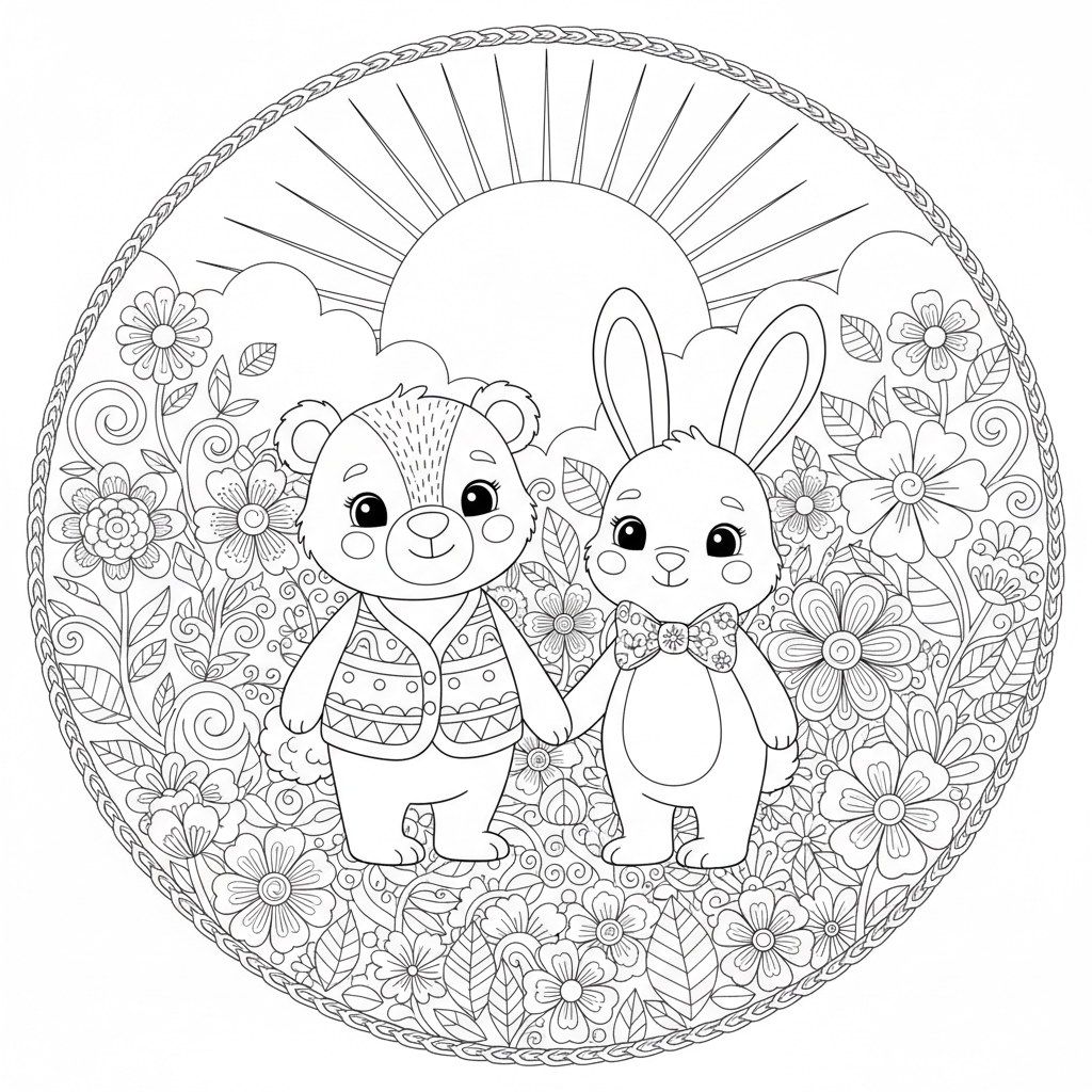 Two cute animals, a bear and a bunny, holding hands and surrounded by flowers.