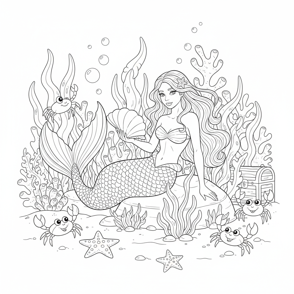 A mermaid lounging in a seaweed garden, surrounded by sea stars and friendly crabs.