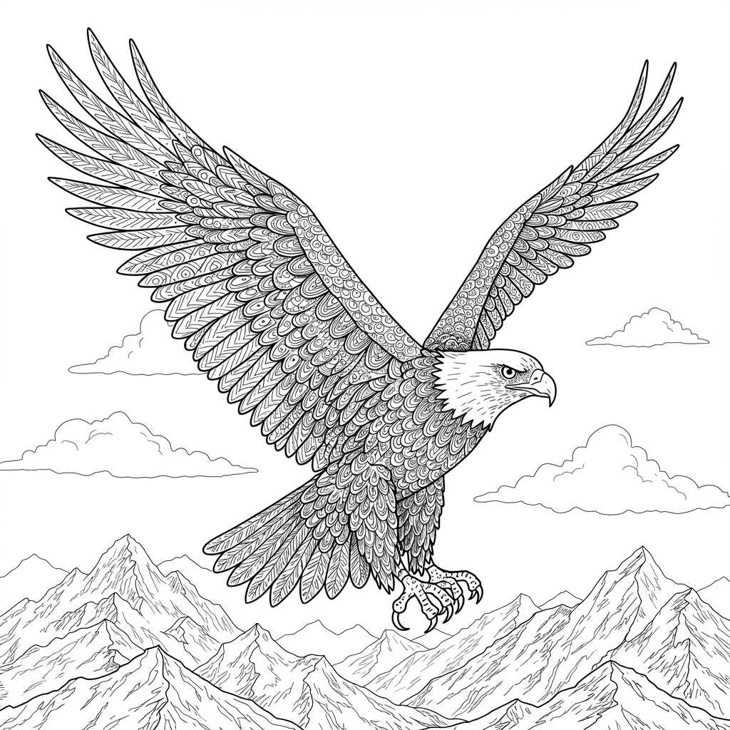 A majestic eagle soaring high in the sky with mountains below.