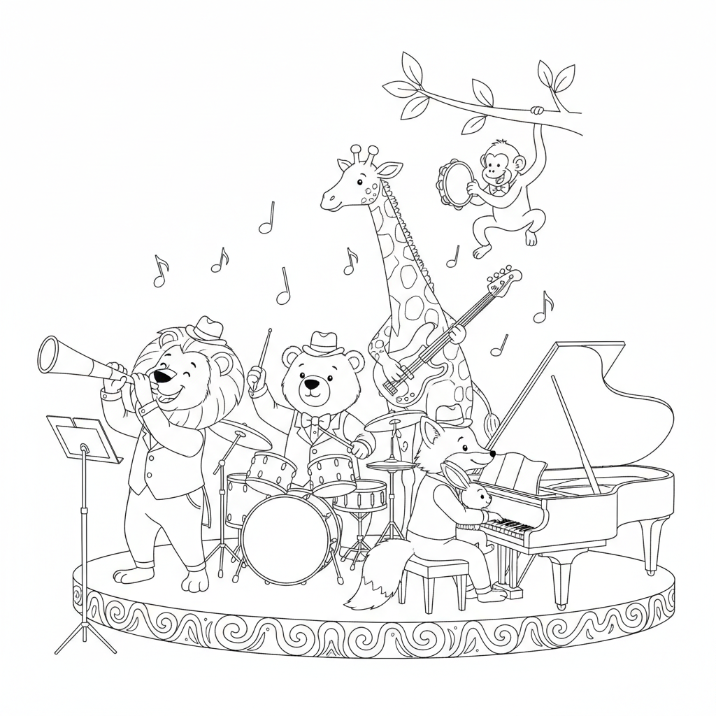 A group of animals forming a band with a drum, trumpet, and piano.