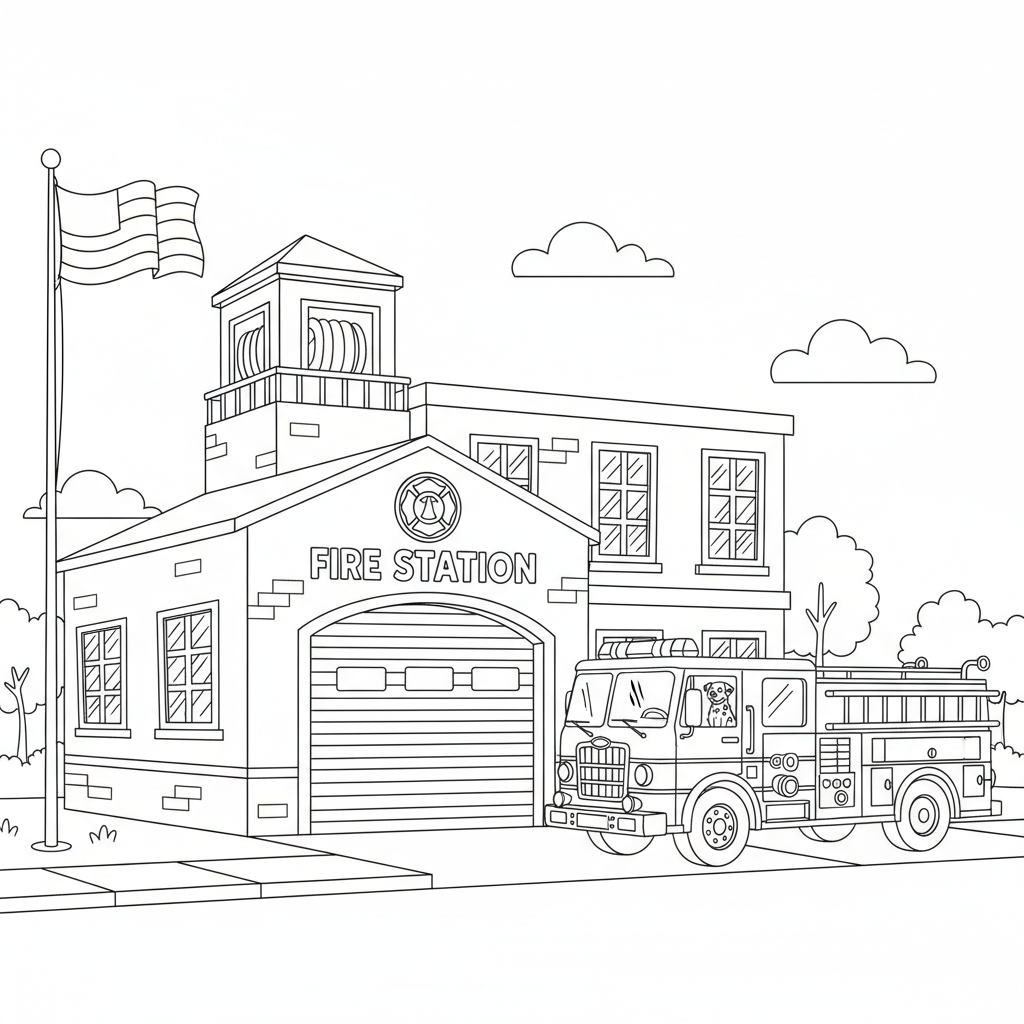 A colorful fire station with a big garage door and a fire truck parked outside.