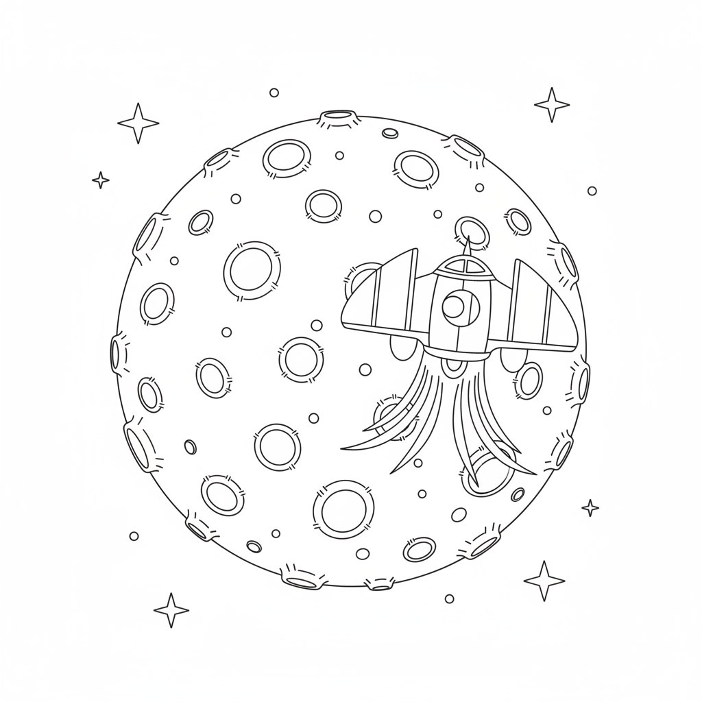 A mysterious planet covered in craters with a spaceship landing on its surface.