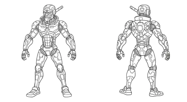 Futuristic robotic coloring art page in a creative workspace