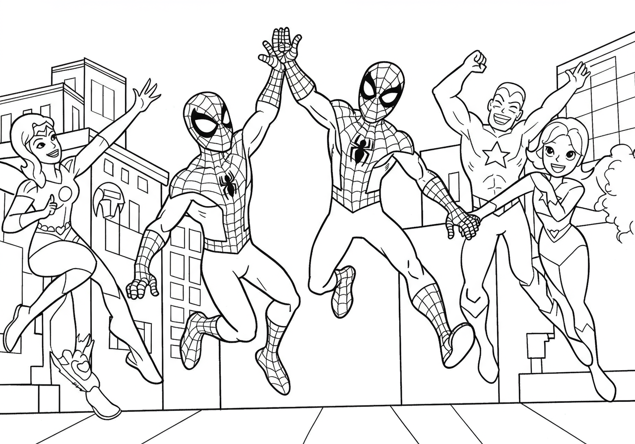 Spiderman high-fiving his superhero friends in a cheerful celebration on a city block.