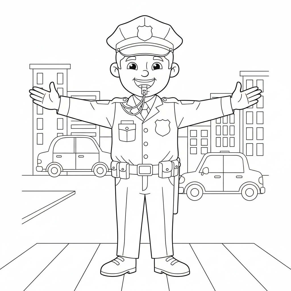 A brave police officer directing traffic with a big smile and a whistle.