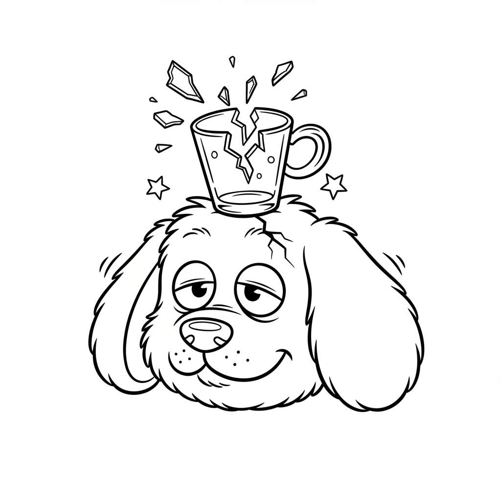 a dog beraking a glass cup on his hed