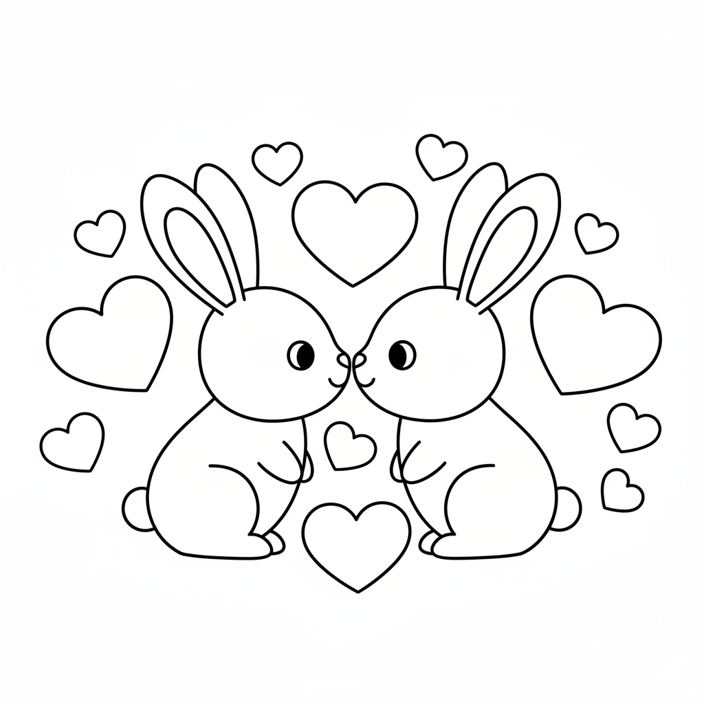 Two bunnies nose-to-nose surrounded by hearts