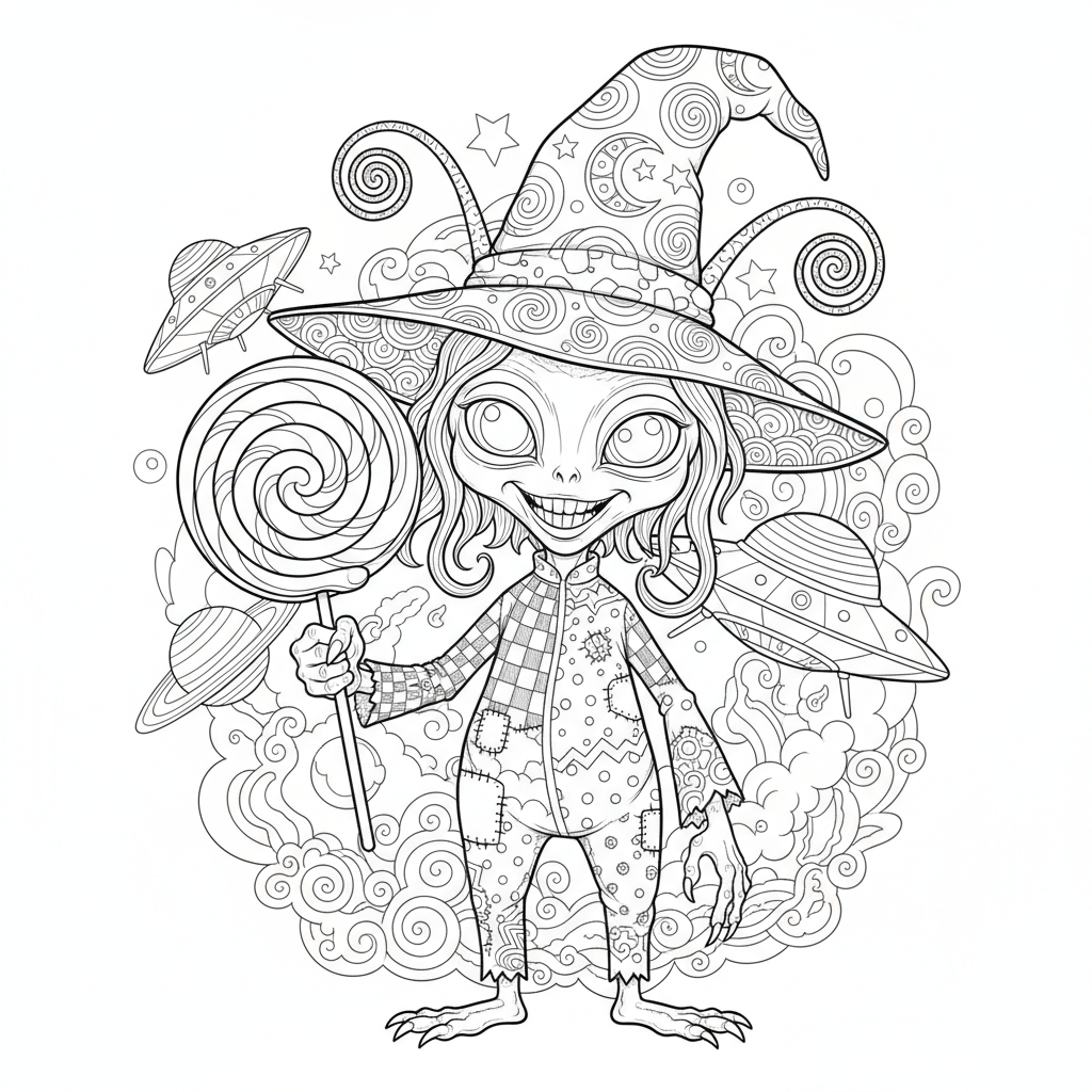 A silly alien with antennae wearing a funny hat while holding a giant lollipop.