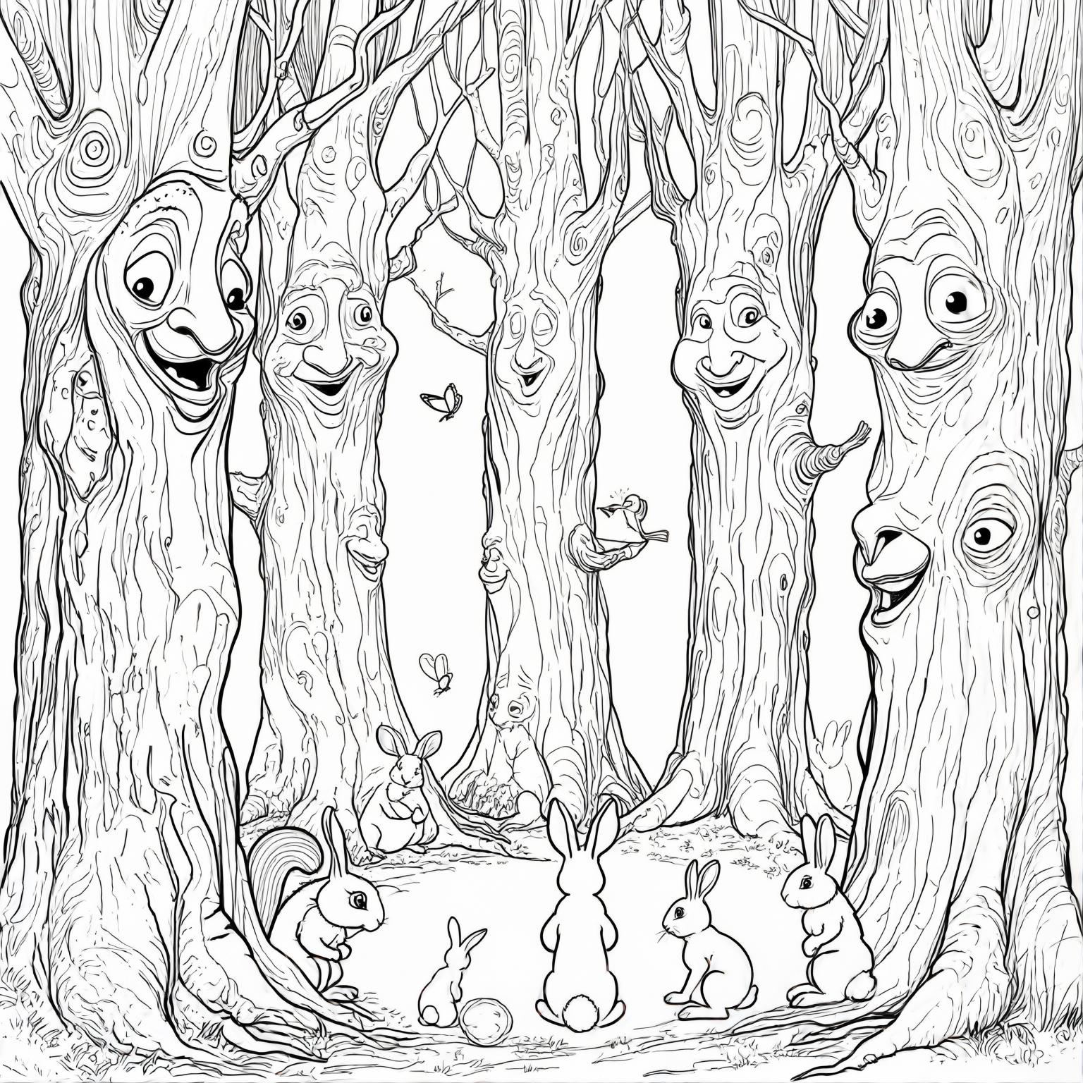 A whimsical forest filled with talking trees sharing stories with curious animals.