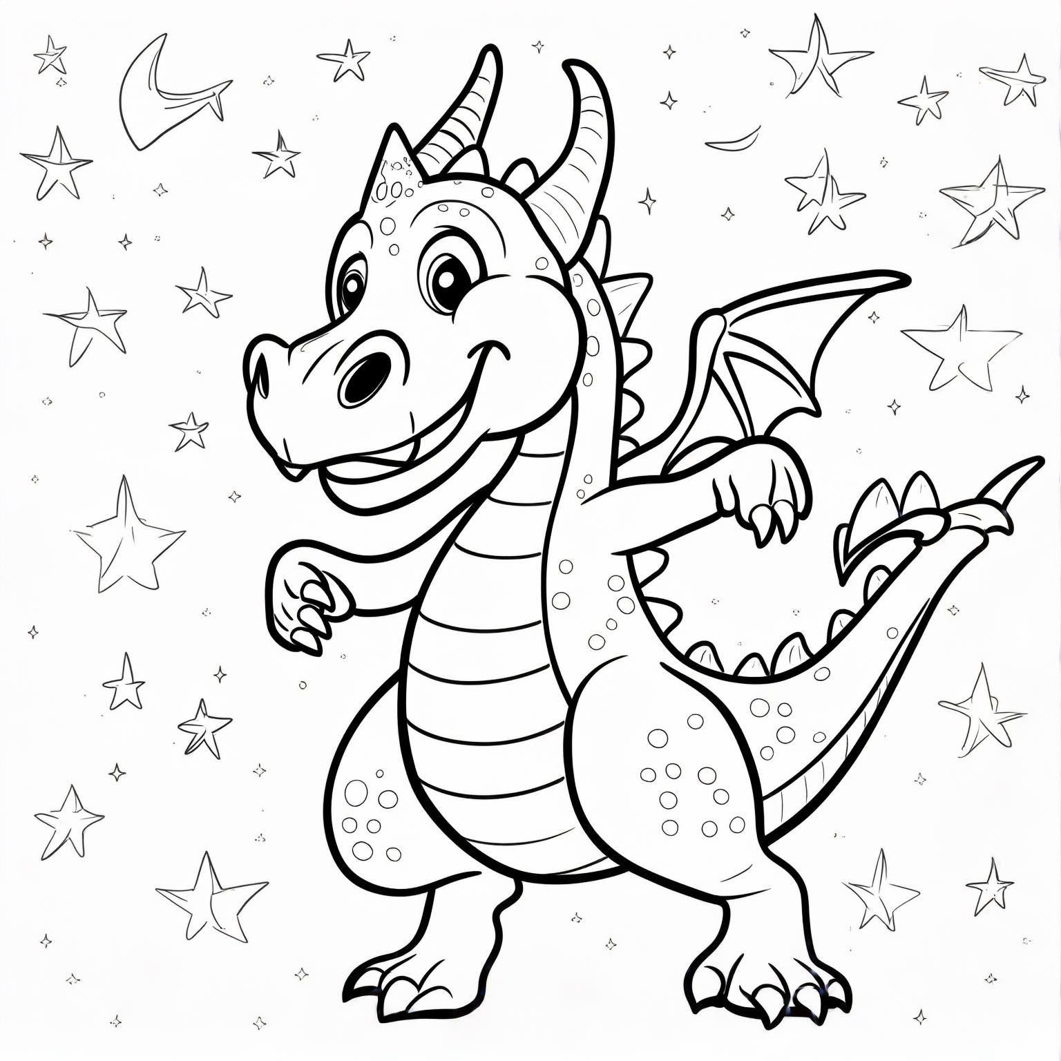 A friendly dragon dancing under a starry night sky with twinkling stars all around.