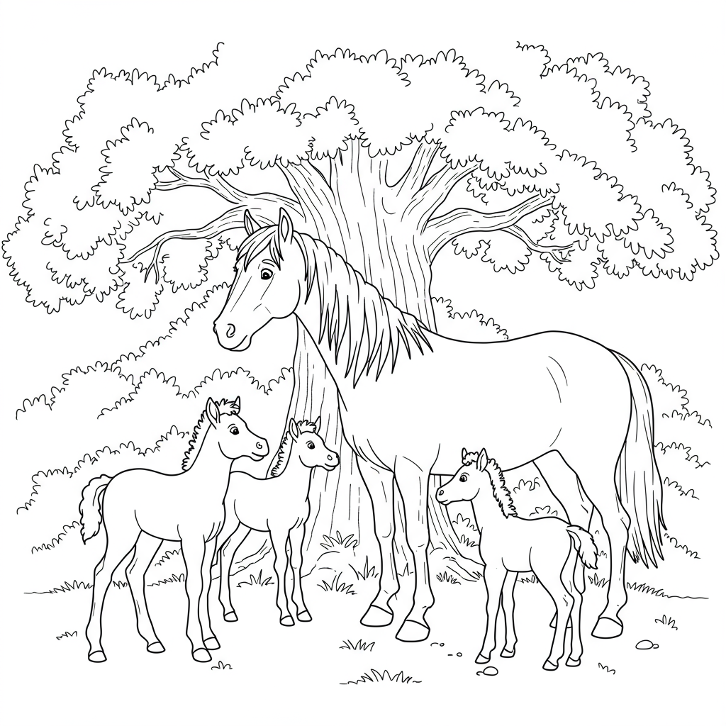 A wise old horse standing under a big oak tree, sharing stories with a group of curious foals.