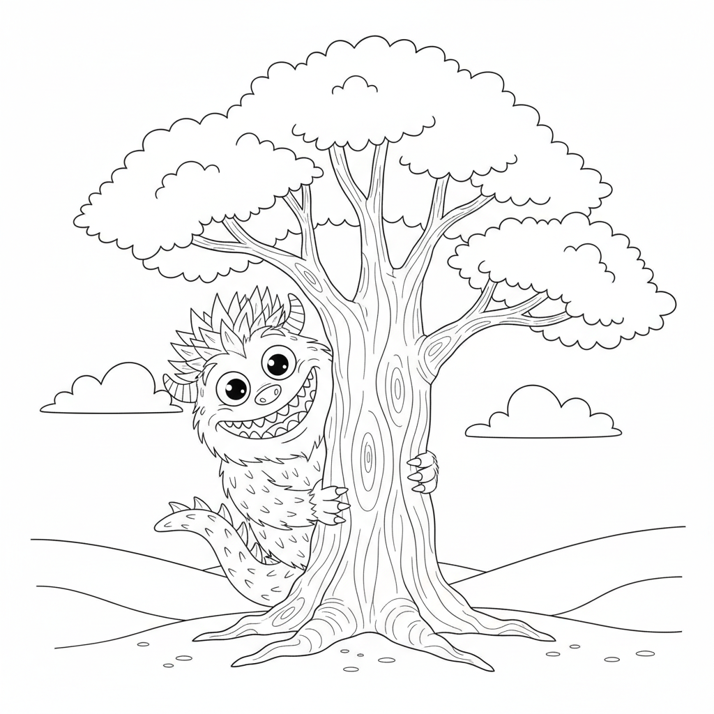A friendly monster with spiky hair playing hide and seek behind a tree.