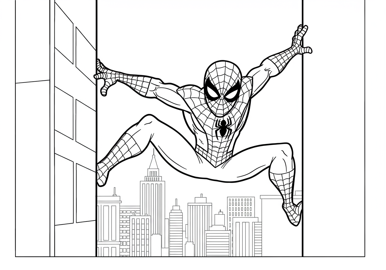 Spiderman climbing up a tall building with a city skyline in the background, ready for his next adventure.