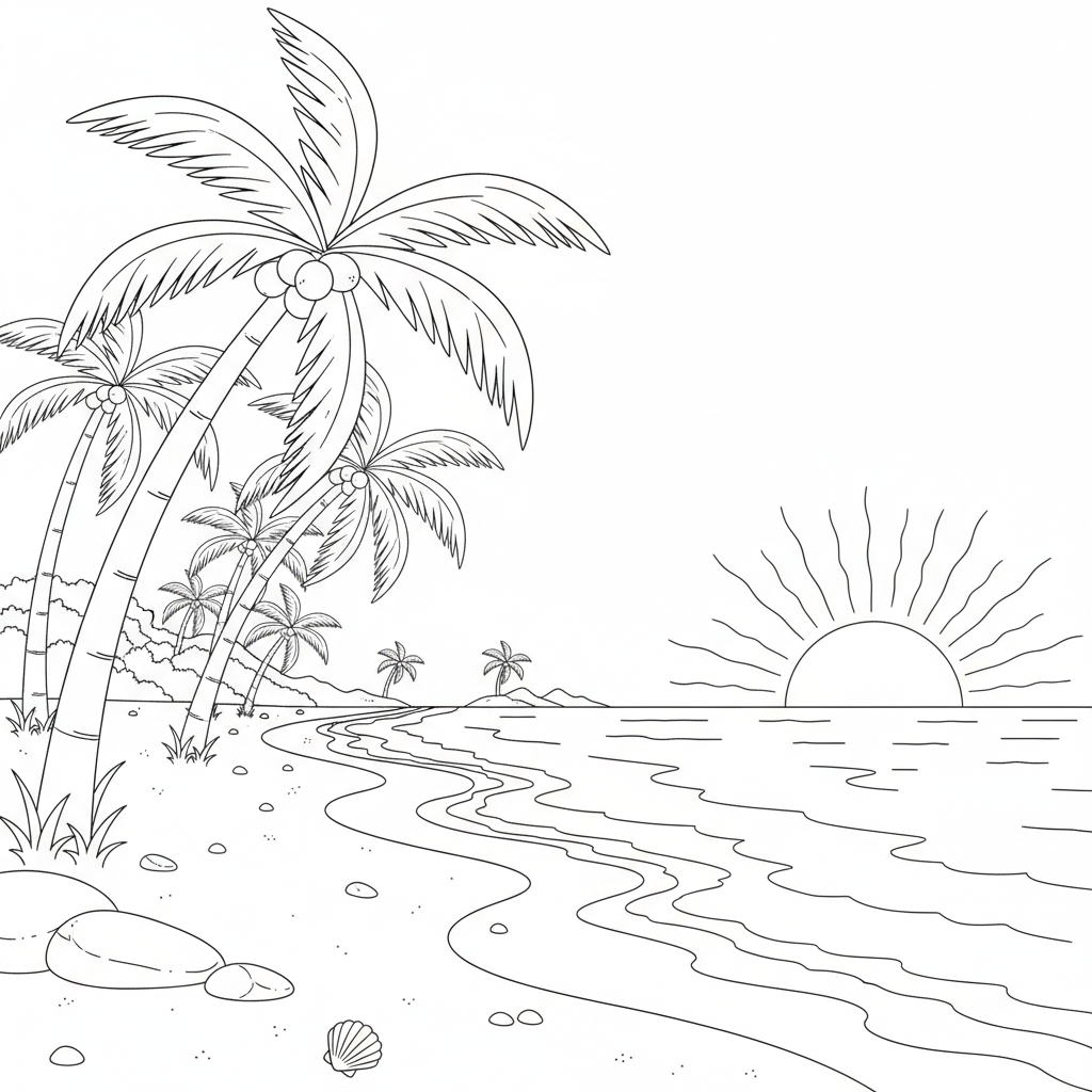 A tranquil beach with palm trees swaying gently as the sun sinks below the horizon.