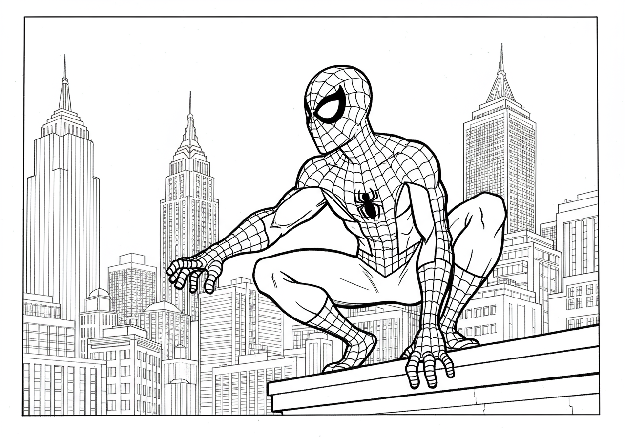 Spiderman perched on a rooftop, looking out over the busy streets of New York City.
