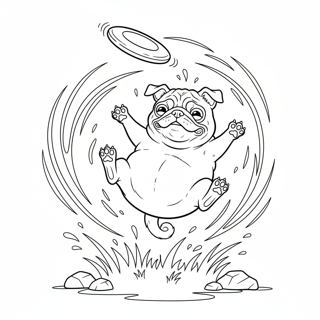 A clumsy pug tumbling over while trying to catch a frisbee mid-air.